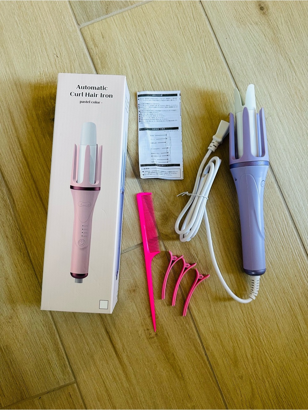 Japanese Automatic Curl Hair Iron - Lavender and accessories